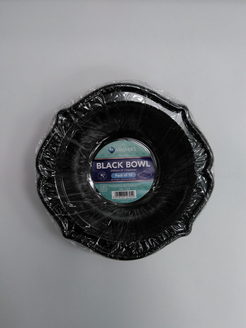 8" Black Round Bowls 205mm 10pk
