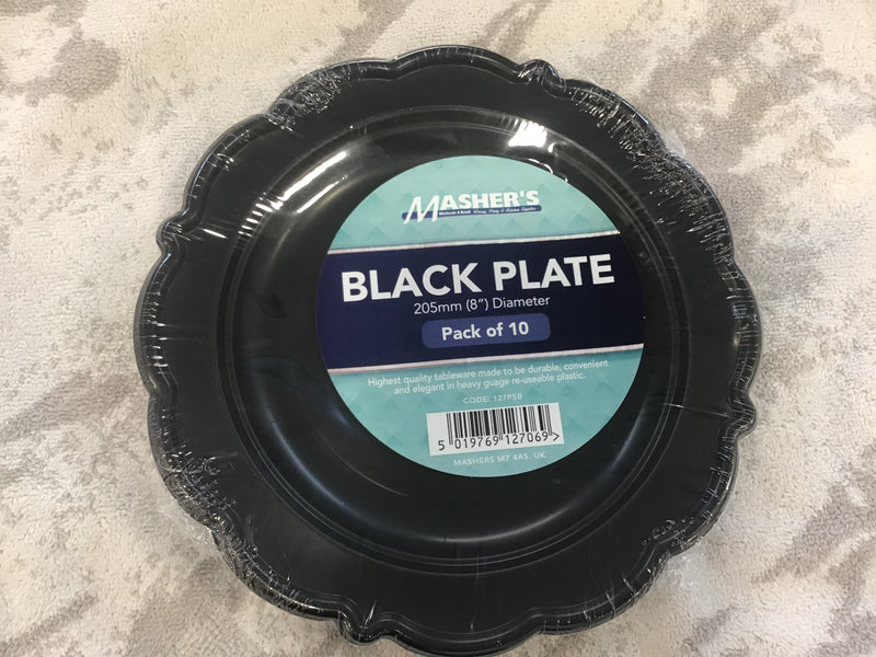 8" Mashers Black Plastic Plates 10pk