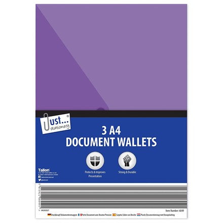 A4 Document Wallets Various Colours 3pk