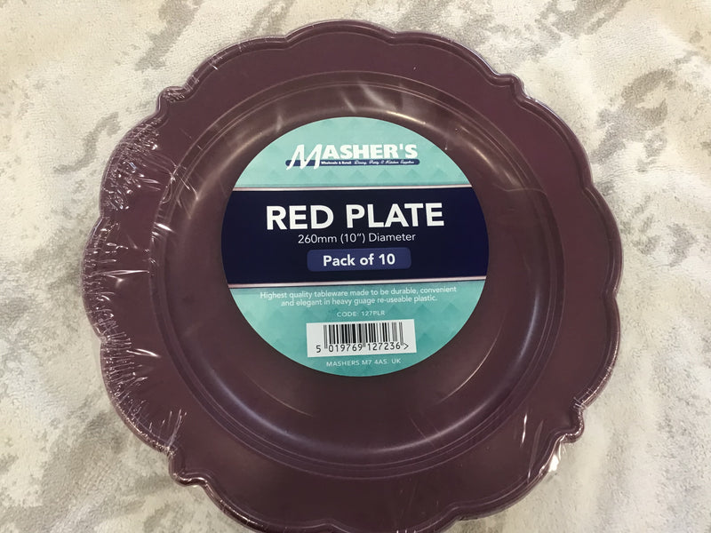 10" Mashers Wine  Red Plastic Plates 10pk