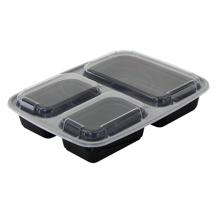 32oz ‚Äì 3 Compartment Black Rectangle Upmarket Container & Clear Lids